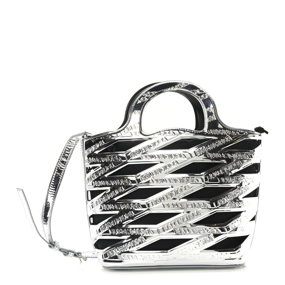 Balenciaga Patent Metallic Calfskin Small Neo Basket Tote Silver Image 1
