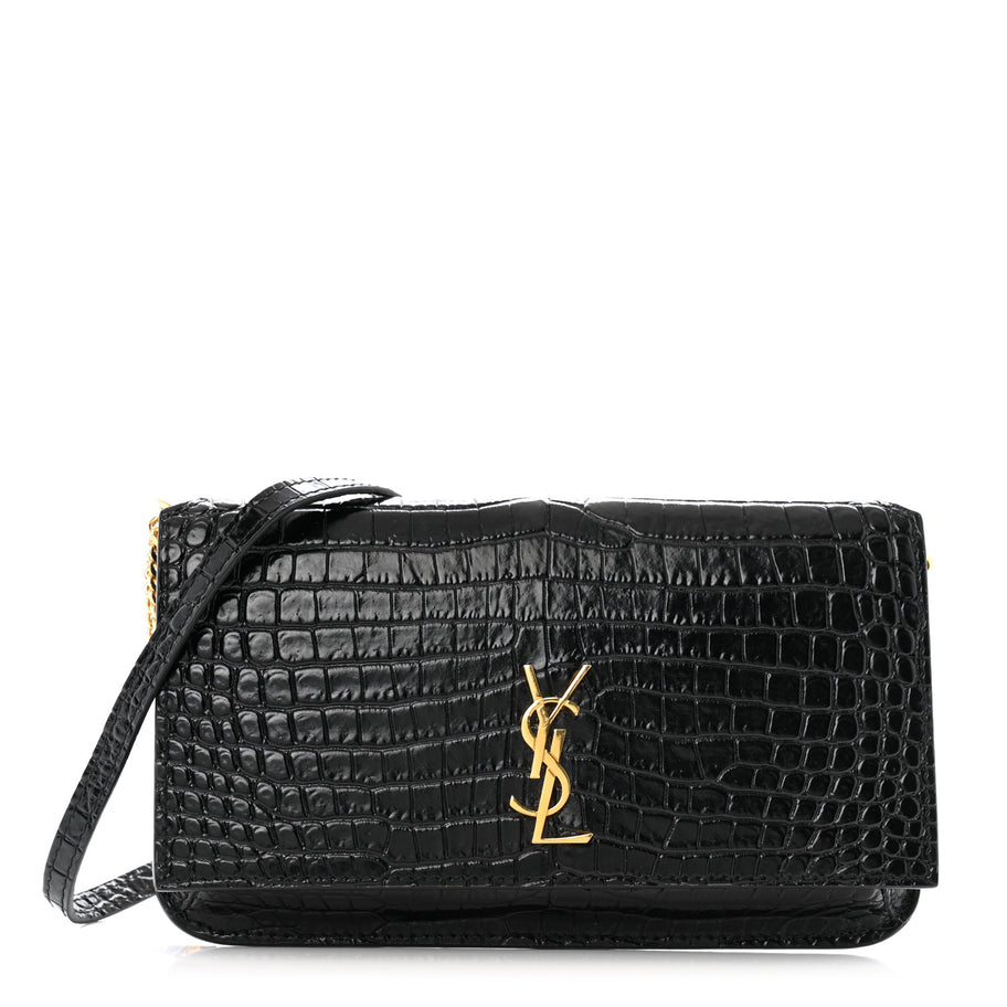 Saint Laurent Crocodile Embossed Monogram Phone Holder Crossbody Black Image 1