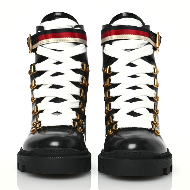  Gucci Calfskin Sylvie Web Womens Lace Up Combat Boots 35 Black