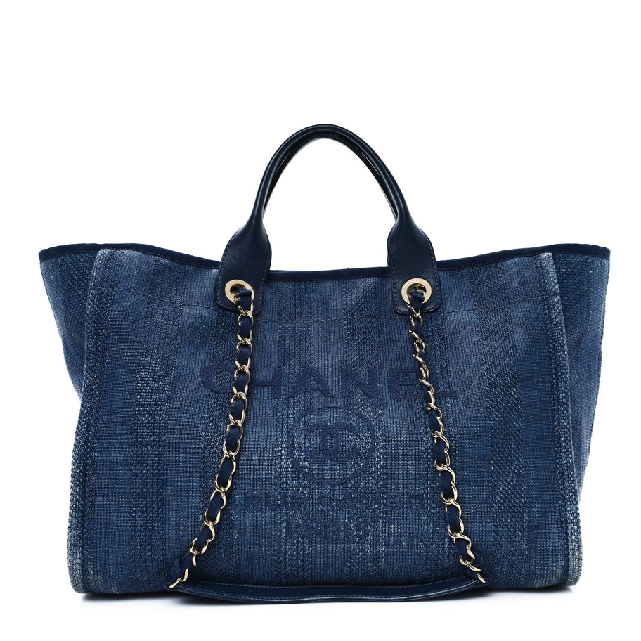 Chanel Mixed Fibers Striped Medium Deauville Tote Navy Blue Image 1