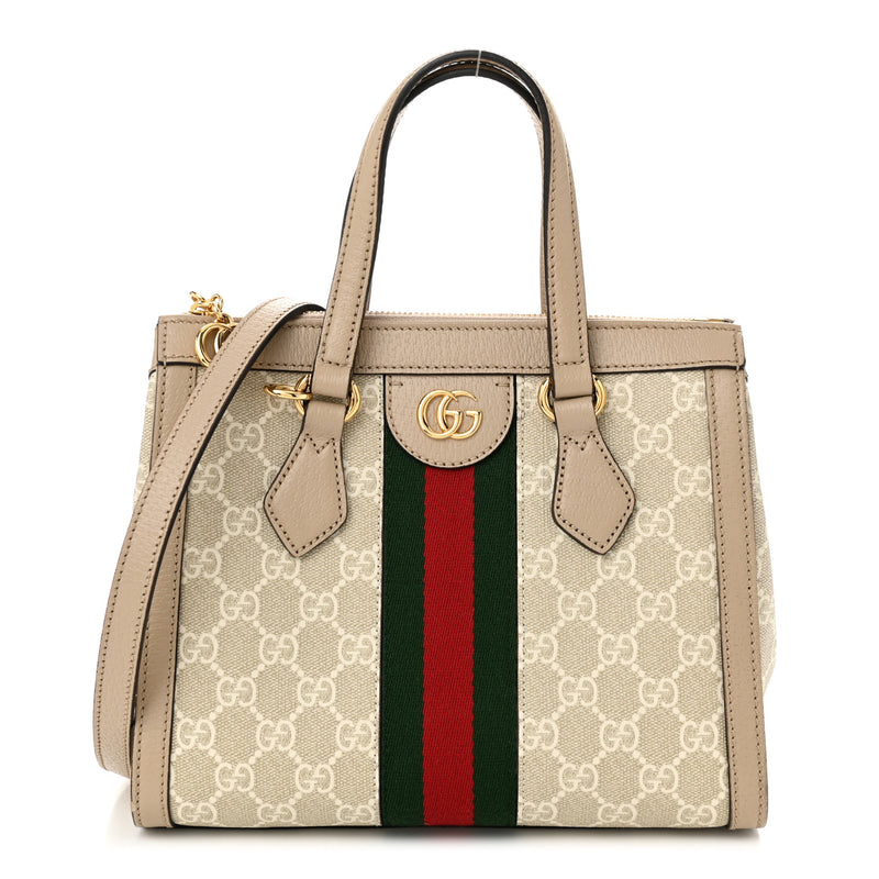  Gucci GG Supreme Monogram Textured Dollar Calfskin Web Small Ophidia Tote Bag Beige Mystic White Oatmeal