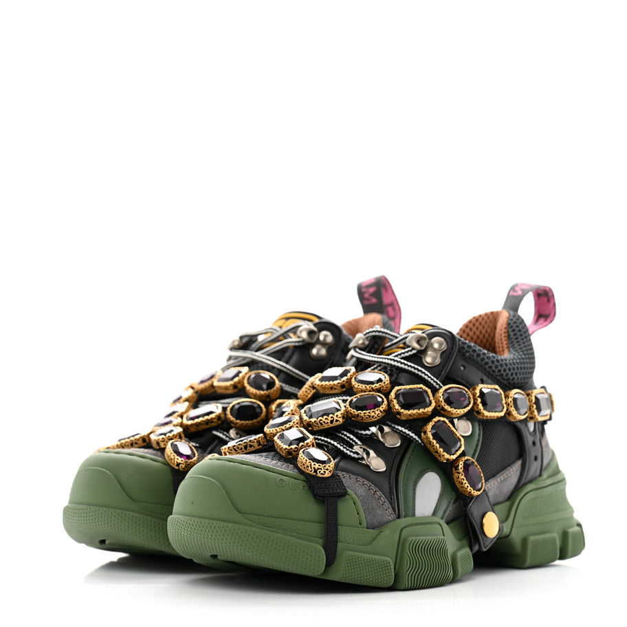 Gucci X SEGA Mesh Suede Calfskin Removable Crystals Flashtrek Sneakers 35.5 Loess Black Olive Green Image 4