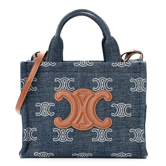 Celine Denim Calfskin Triomphe Print Cabas Blue Tan Image 1
